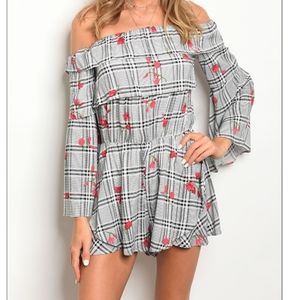 Black & White Plaid Off-Shoulder Romper